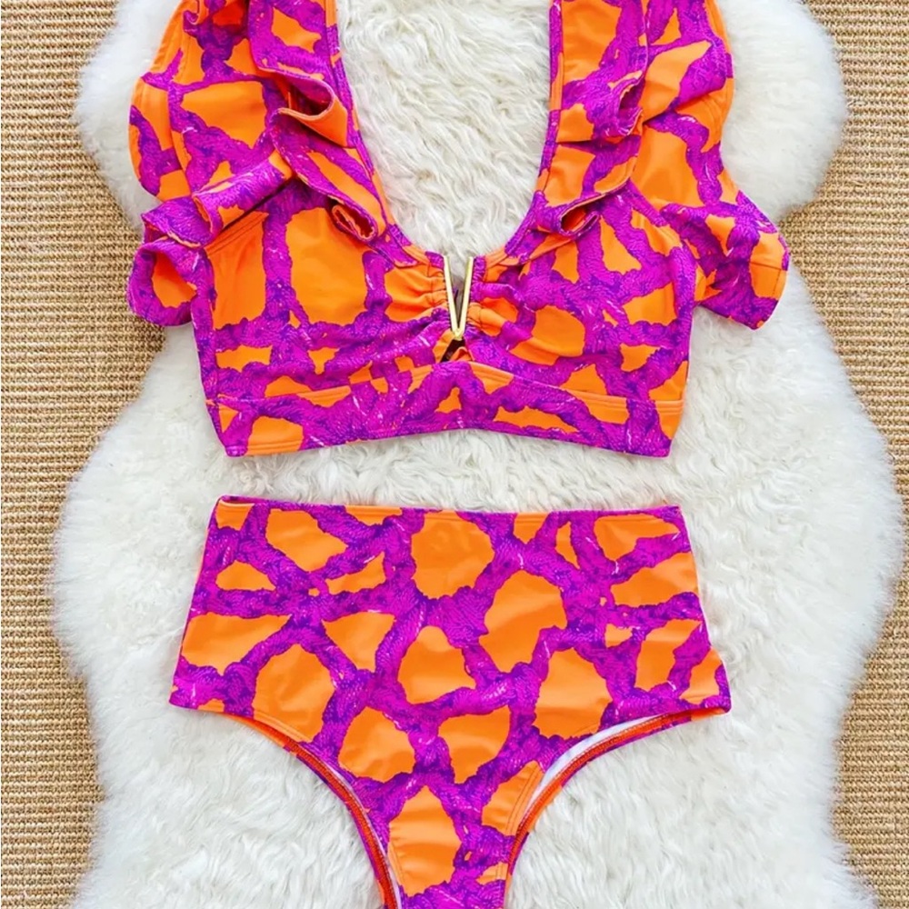 SHEIN Orange and Purple Bikini with plunge neckline